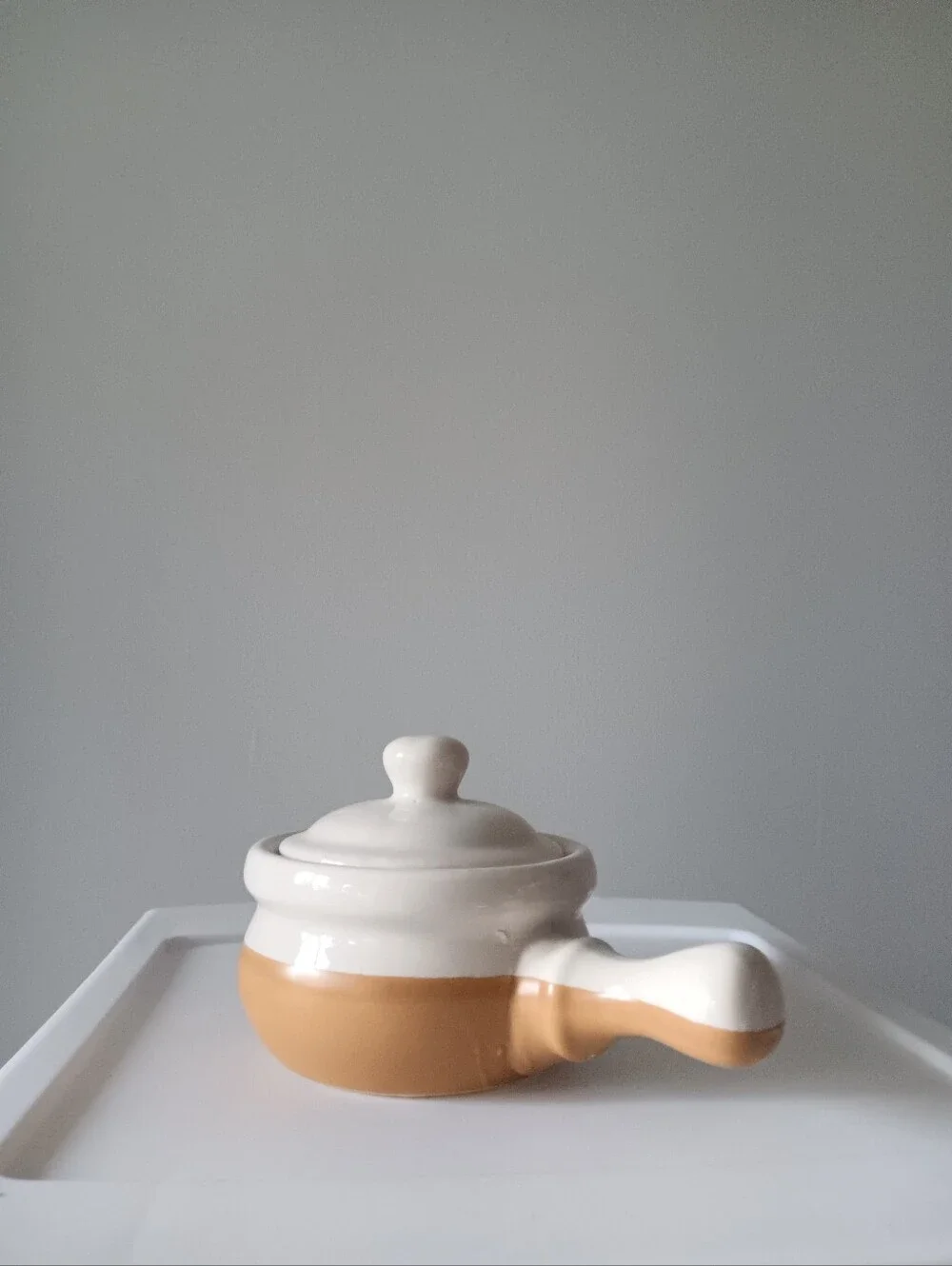 Vintage Handled Ceramic Crock French Onion Soup Bowl & Lid Bakeware Tan White